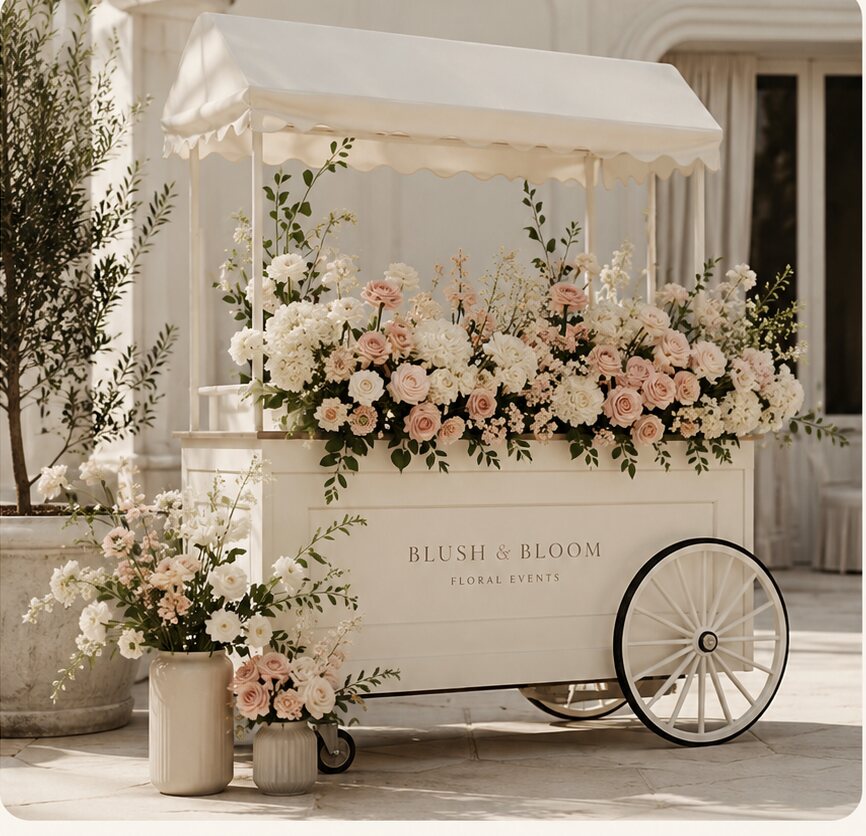 Blush & Bloom Bar white vintage flower cart filled with blush and ivory blooms at a Miami event